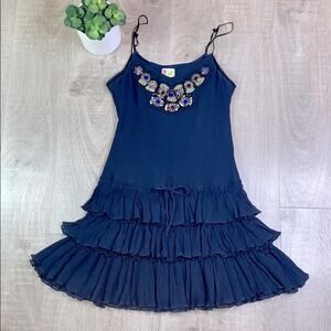 FREE PEOPLE Women's Navy 100% Silk Tiered Jeweled Dress